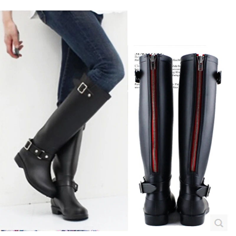 Rain Boots Women Wellies Rubber Bot Galoshes Women Gumboots with Red Zip Zipper and Warm Liner  Horse Riding