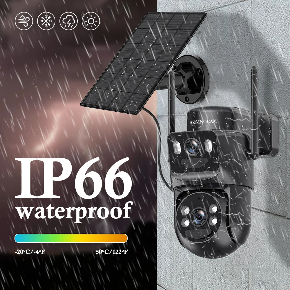 4K WiFi Camera with Spotlight Alarm Motion Detection 360-Degree Low-Power CCTV Solar Panel Battery 10x Zoom