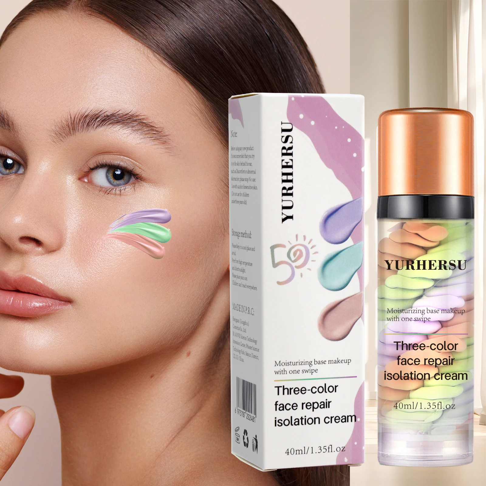 Crème anti-cernes à libération de presse à trois couleurs, crème éclaircissante pour base du visage, maquillage isolé