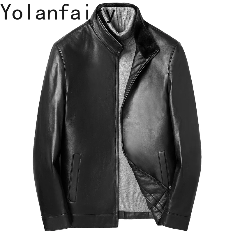 YOLANFAIRY Real Sheepskin Genuine Leather Jacket Men Winter Detachable Rabbit Fur Liner Coat Mink Fur Collar Warm Down Coats