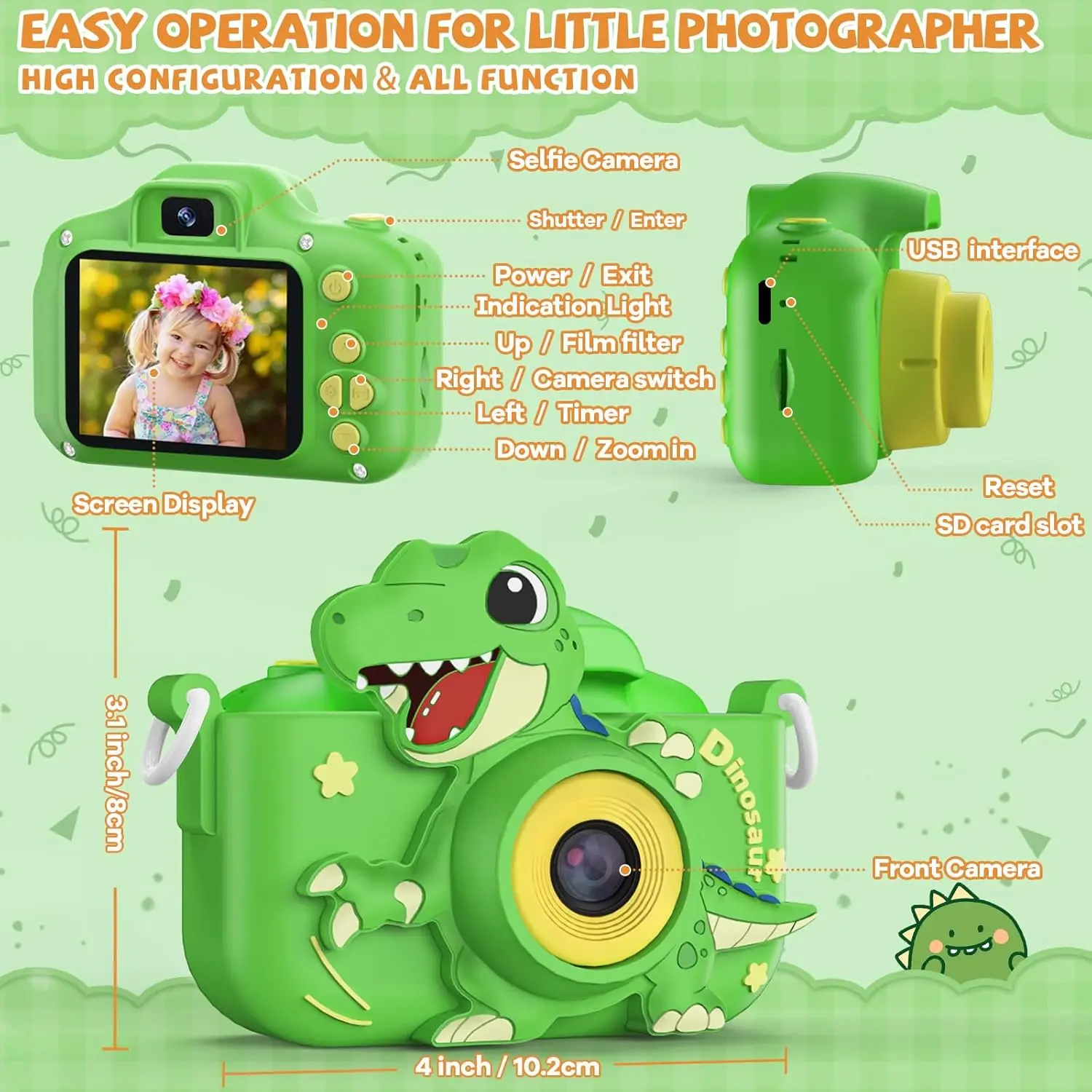 48MP Kids Camera for Child  Video Selfie Camera-Christmas Birthday Dinosaur Gift for Toddler, HD Digital Camera Toy for Child