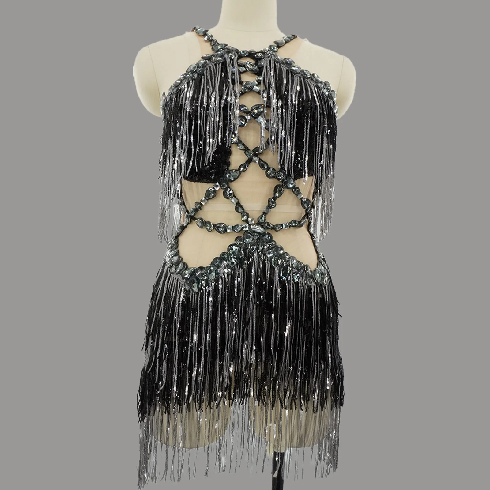 

Sexy Rhinestone Tassel Mini Dress Women Drag Queen Outfit Sparkly Mesh Clubwear Stage Performance Costume Nightclub Party