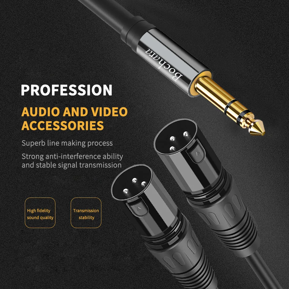 Bochara Gold Plated 1/4\'\' TRS 6.35mm Stereo Jack to Dual XLR Male OFC Audio Cable Foil+Braided Shielded For Speakers