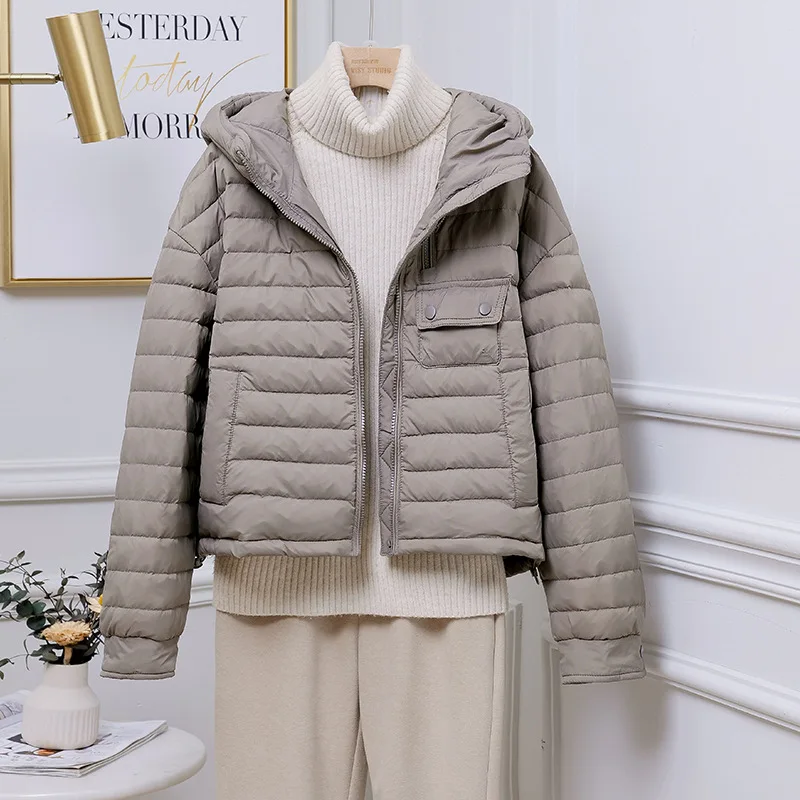 Schinteon Women Ultralight Down Jacket Casual Loose Over Size Autumn Winter Outwear White Duck Down Short Coat with Hood 2024