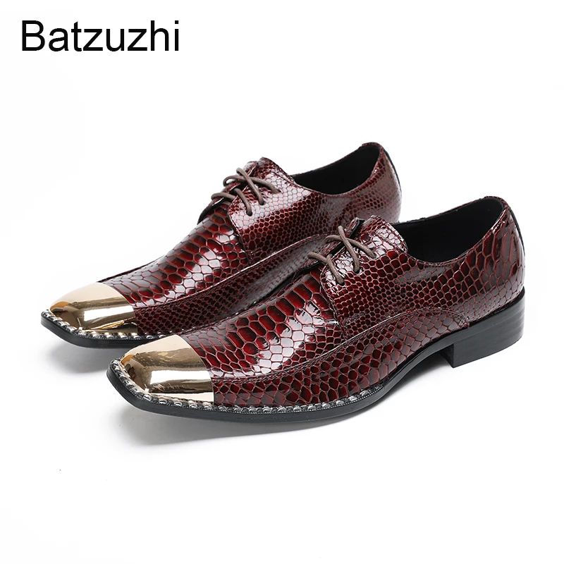 

Batzuzhi Italian Type Men's Shoes with Metal Toe Wine Red Men's Genuine Leather Dress Shoes Man Lace-up Business, Wedding Shoes