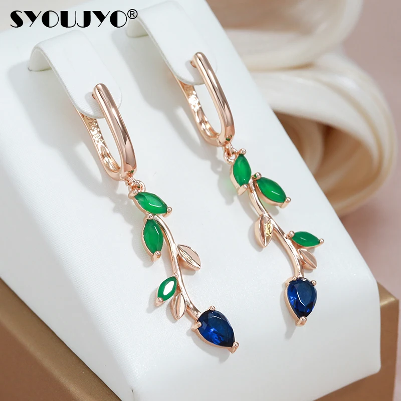 

SYOUJYO Natural Green Zircon Willow Earrings For Women Leaf Shape 585 Rose Gold Color Drop Earrings Luxury Design Spring Gift