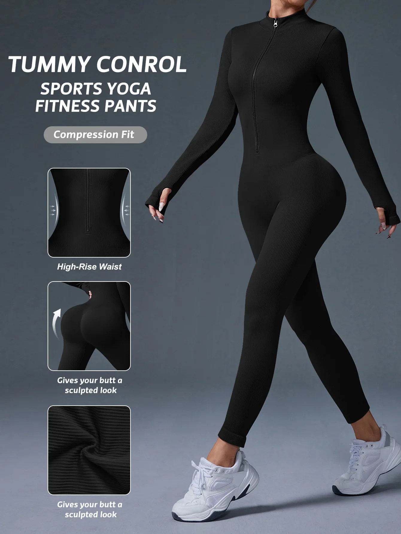 Half Zip Jumpsuit Women Gym Bodysuit Long Sleeve Activewear Set Running Workout Romper Fitness Overalls Sportswear Yoga Clothes