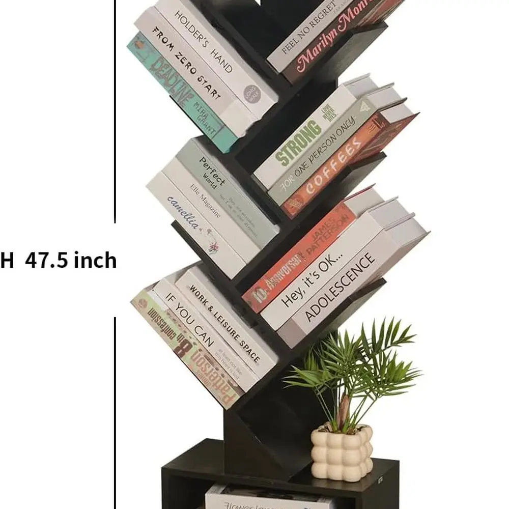 7 Tier Tree Book shelf, Small Bookcase with Reading Planner and Activity Panel, Modern Floor Standing Corner Tall Narrow Storage