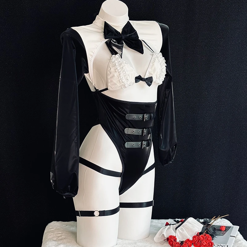 エロオリジナルクラブバーウェイターバニーガールコスプレ制服衣装メイドボディスーツ光沢のあるパテントレザーセクシーなボンデージランジェリー新しい