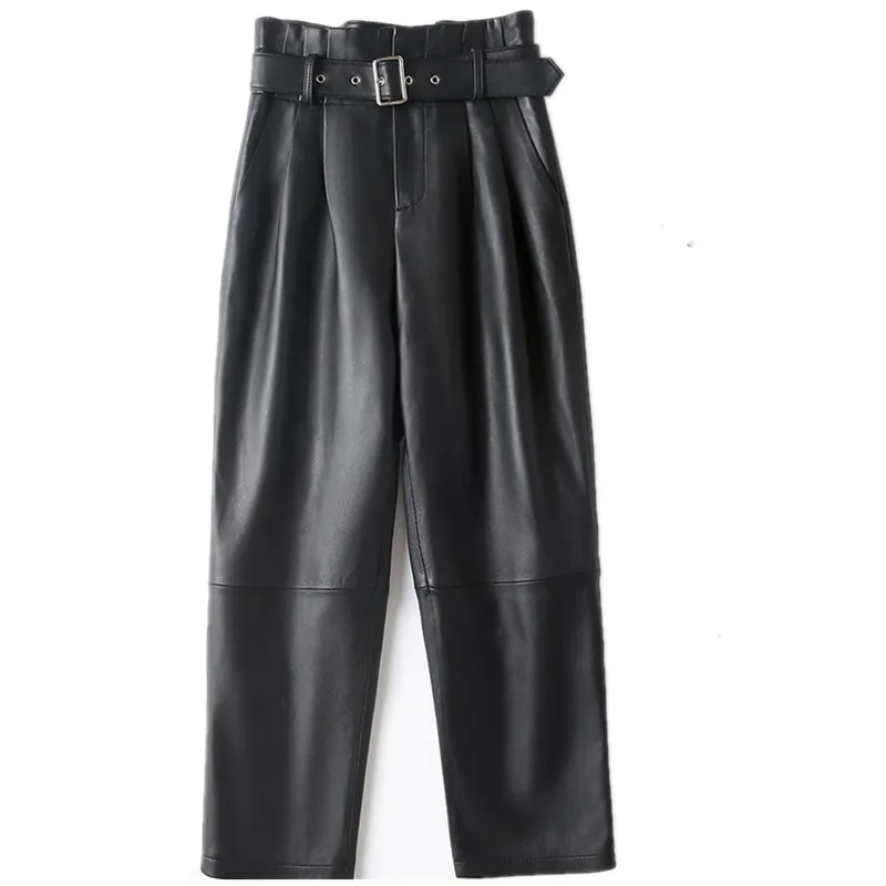Women's High Waist Matte Sheepskin Leather Pants Ankle Length Trousers with Thin Belt Spring Autumn Fashion Smoke Pipe Style