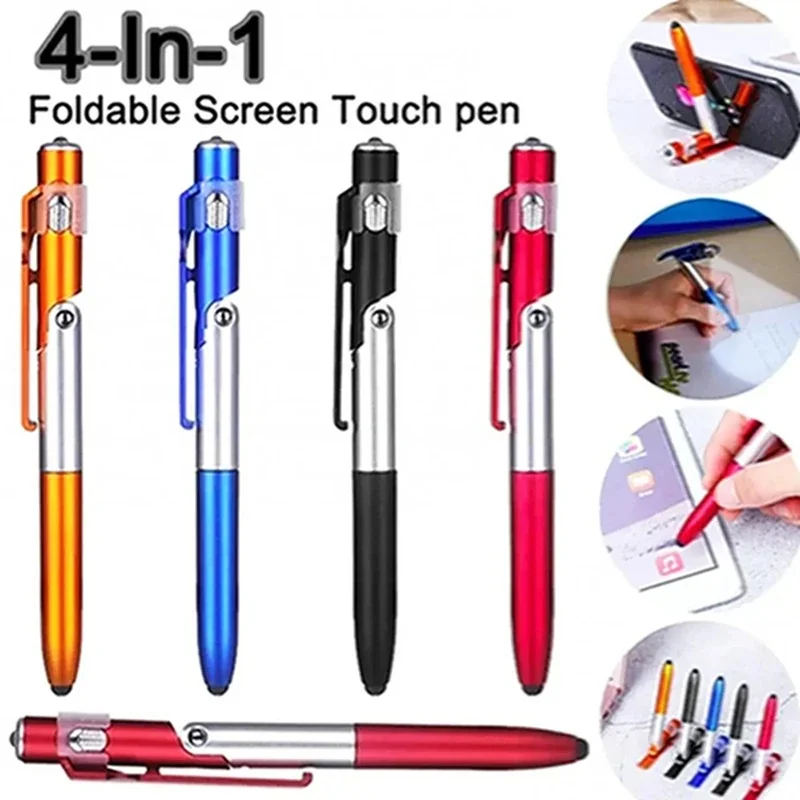 1/2/3/4/5Pcs 4 In 1 Multifunctional Capacitive Pen With LED Foldable Phone Stand Touch Screen Ballpoint Pen Gift Pen