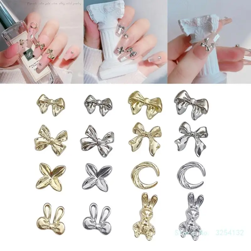 10Pieces Metal Art Studs 3D Metal Art Jewelry Decorations Bows Rabbits Moon Multi-Shapes Decoration Accessories