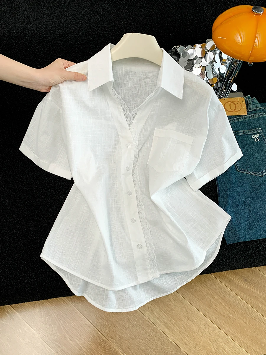 

Элегантная белая женская летняя свободная блузка с кружевной отделкой и коротким рукавом, из дышащей смесовой хлопковой ткани, повседневная