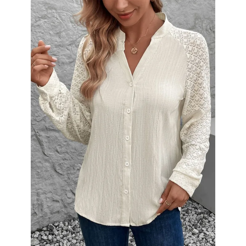 New European American Spring Autumn Commuter Casual Cardigan Stand Collar Pleated Lace Solid Color Shirt for Women Blouses
