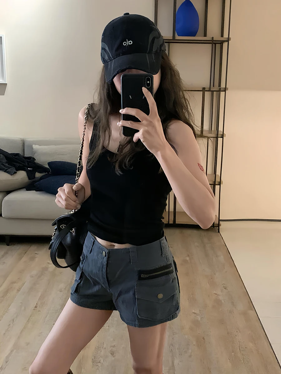 ReddaChic Acubi Fashion Gray Denim Shorts Low Rise Pockets Cargo Cropped Jeans Tight Bootypants Harajuku Summer Women Streetwear