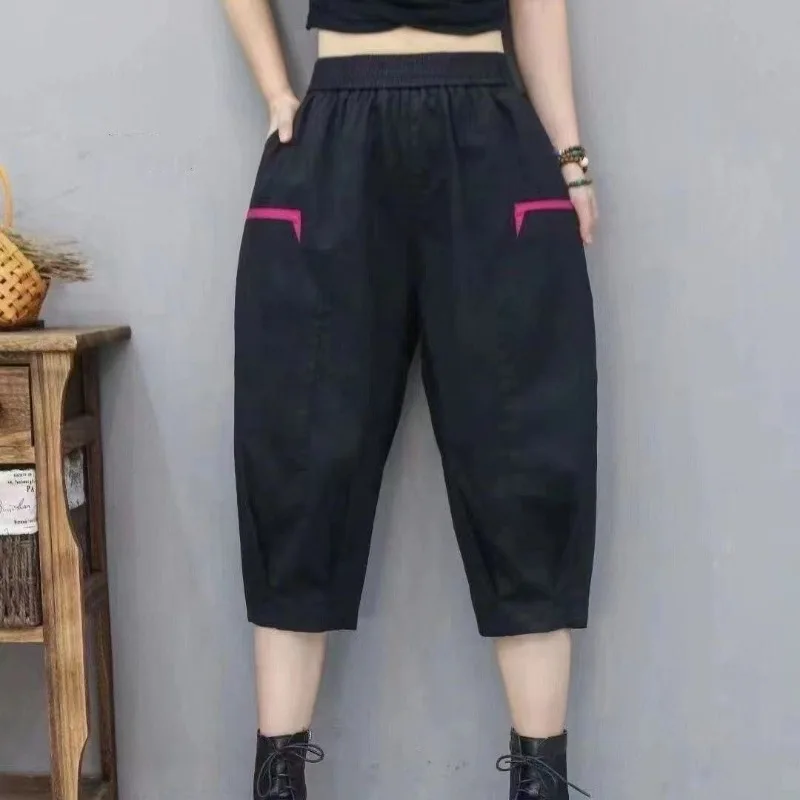 Elastic High Waist 2024 Summer New Women\'s Patchwork Fashion Solid Color Pockets Folds Loose Casual Versatile Western Capris