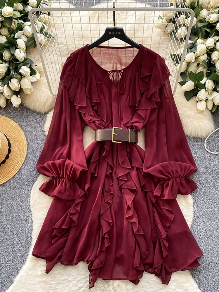 

Новое модное красное мини-платье с длинными рукавами и поясом, с оборками по краю, в стиле французского отпуска, для женщин, весна-лето, B09