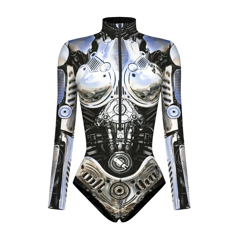 Halloween Cyberpunk Robot Armor Zentai 3D Digital Print Jumpsuit Briefs Cosplay Costume Women\'s Zipper Bodysuit Party