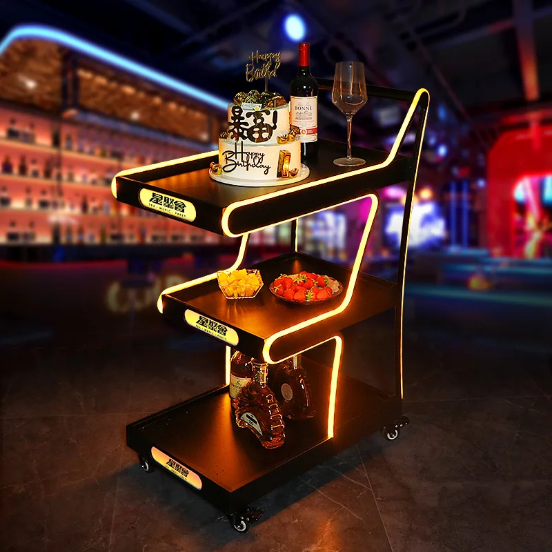 

Винная тележка, барная тележка KTV, трехслойная тележка для доставки еды из кованого железа, мобильная тележка для торта на день рождения, светодиодная тележка для вина