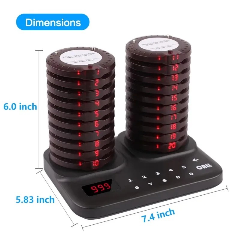 Sistema cercapersone wireless per ristorante Sistema di chiamata impermeabile per clienti ospiti 20 cicalini sottobicchieri Doppia base di ricarica per campo alimentare
