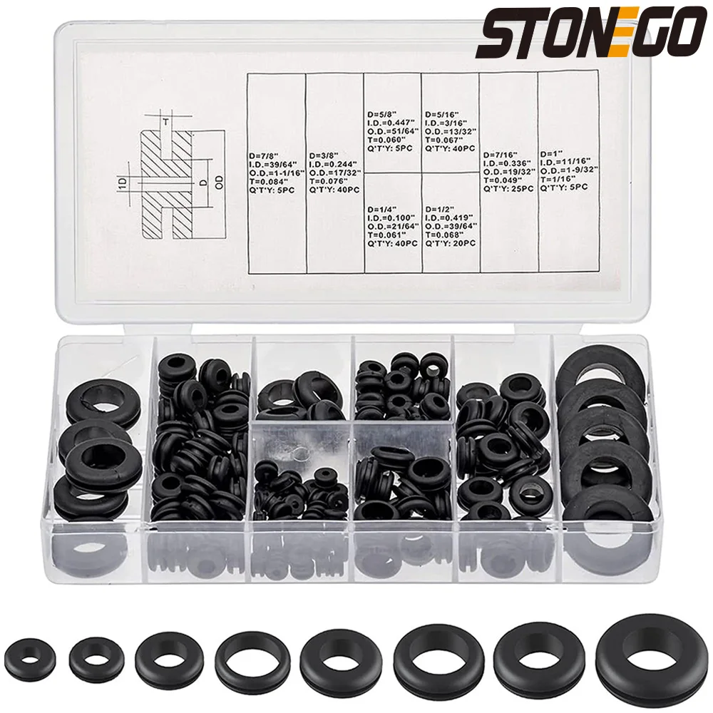 STONEGO 180 unidades/caixa kit de sortimento de ilhós de borracha conjunto de anel o de ilhó de borracha 1/4", 5/16", 3/8", 7/16", 1/2", 5/8", 7/8", 1"