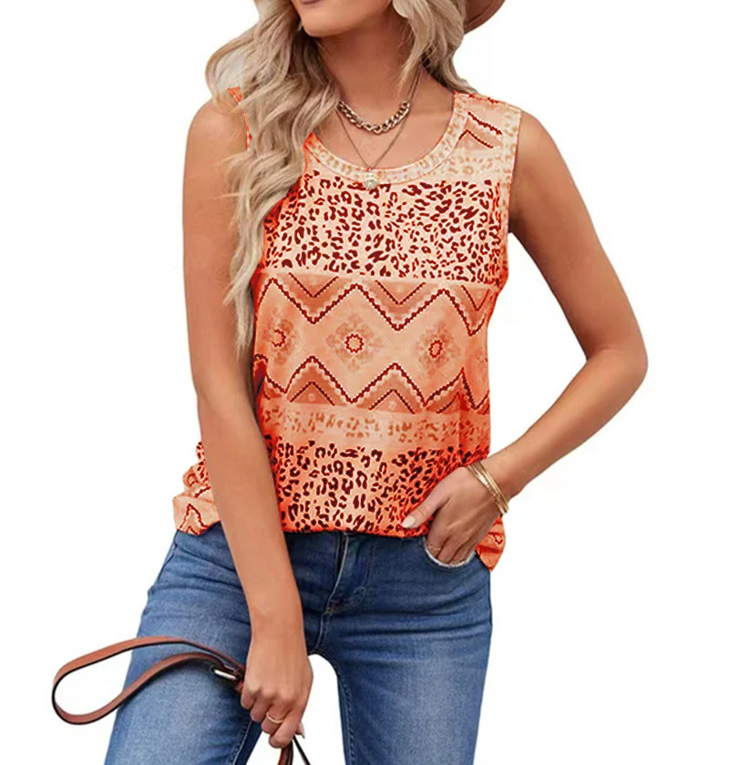 Vintage Print Ethnic Style Vest Women's Elegant U Neck Pullover Loose Sleeveless T-Shirt Female Daily Commuter Casual Summer Top