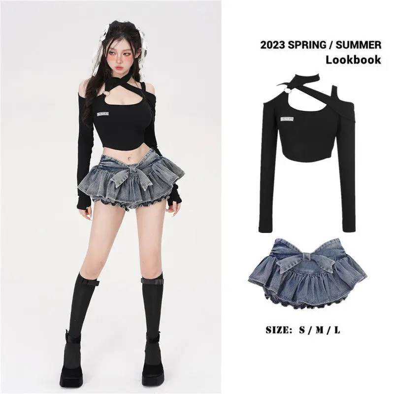 Denim Geplooide Rok Retro Y 2K Hot Girl A-Line Japanse Lint Strik Mini Rok Koreaanse Mode Kleding 2023 Nieuw