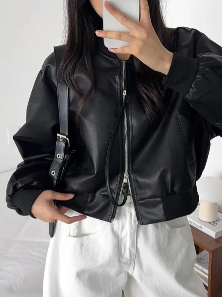 Schickes Design, Doppelreißverschluss, kurze Lederjacke für Damen, schmale Passform, Baseballkragen, langärmliges Oberteil, vielseitig einsetzbar, für den Arbeitsweg, PU-Leder