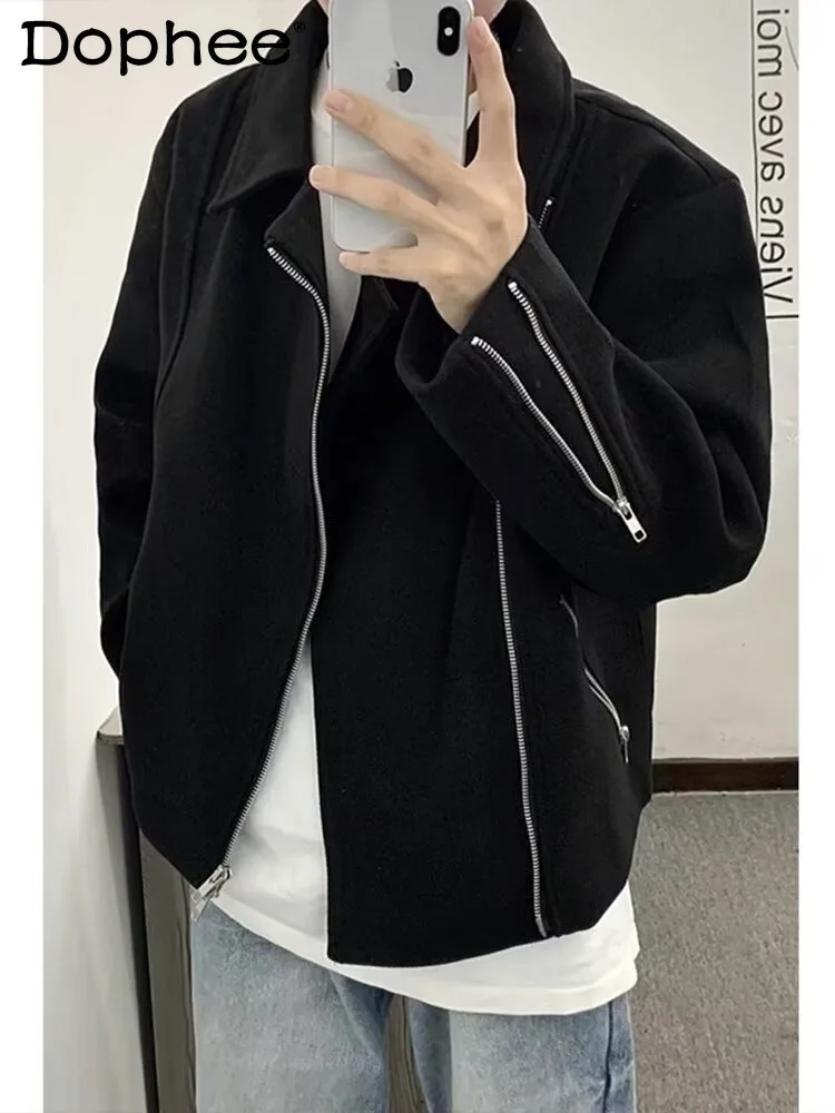 

2023 Korean Style Spring and Autumn New Fashion Trend Short Woolen Coat High-end Design Zipper Jacket for Men