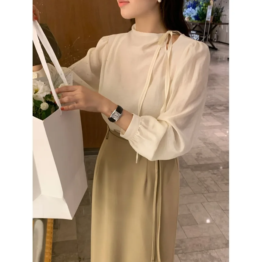 

2026 Spring New Retro Korean Sle Women's Long Sve irt Versatile Side Bow Tie Design Faionable Top Breathable Skin-Fr...