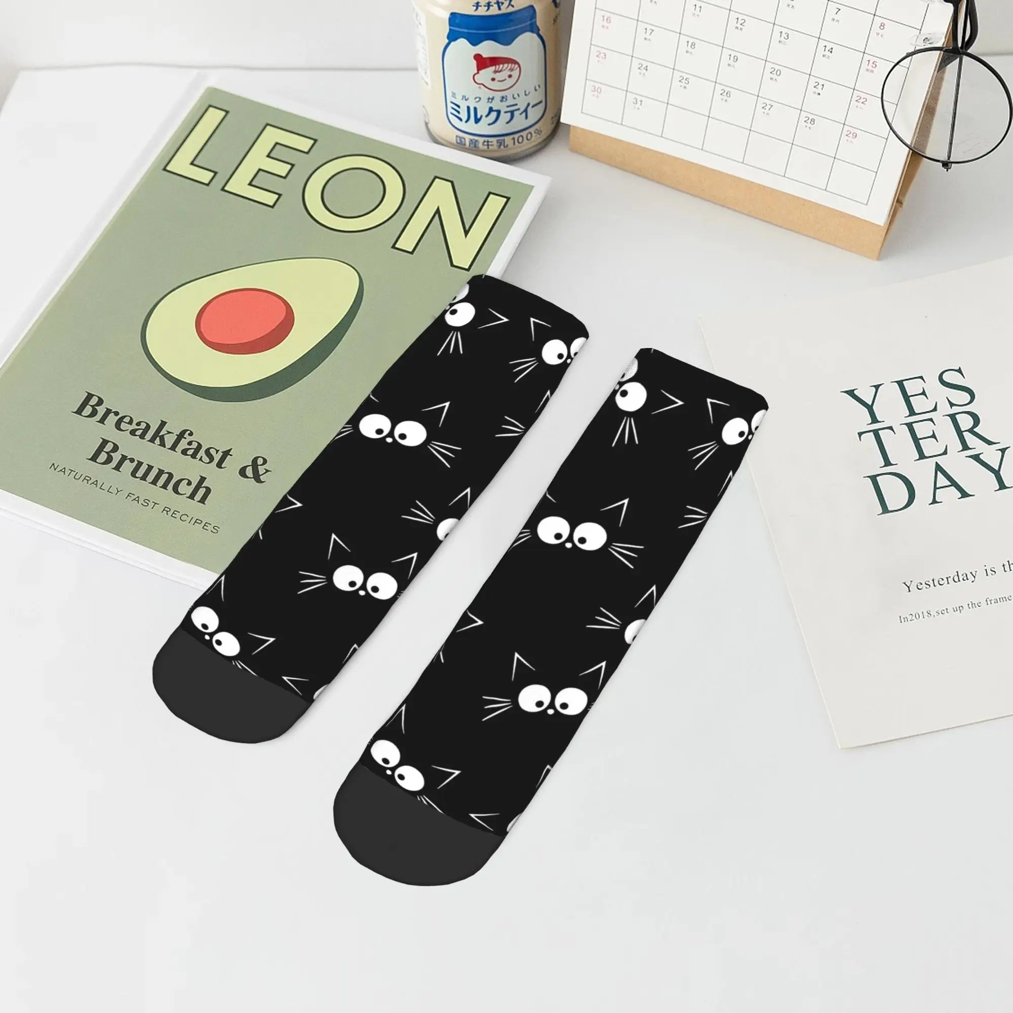 Bonito gato preto padrão tornozelo meias masculinas qualidade na moda meia primavera esportes ao ar livre antiderrapante meias gráficas presente