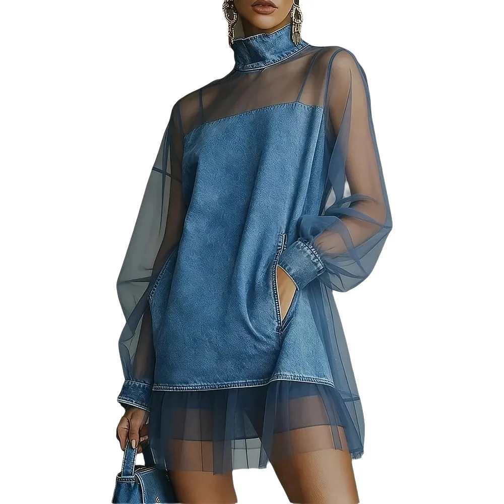 Dames Western Denim Mini-jurk Tule Hoge kraag Lantaarnmouwen Doorzichtig met zak Chic Streetwear Party Femme - afbeelding 2