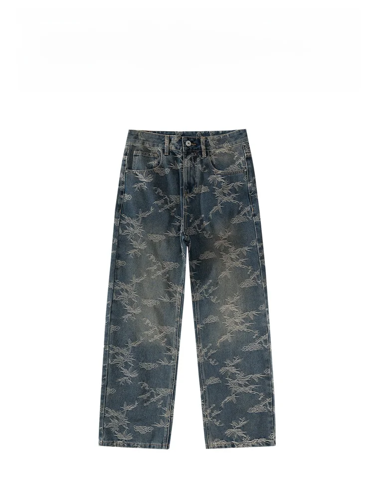 

High-Quali Luxury Men's Straight Leg Jeans Parisian Sle High Street Retro Trendy Long Pants Floral Embroidery Faionable...