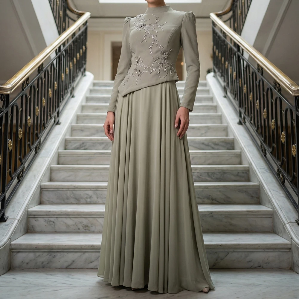 

Women's A-line Evening Dresses Floor-length High-neck Full Sleeve Prom Gown Fashion Crystal Flowers Draped Customized Gowns