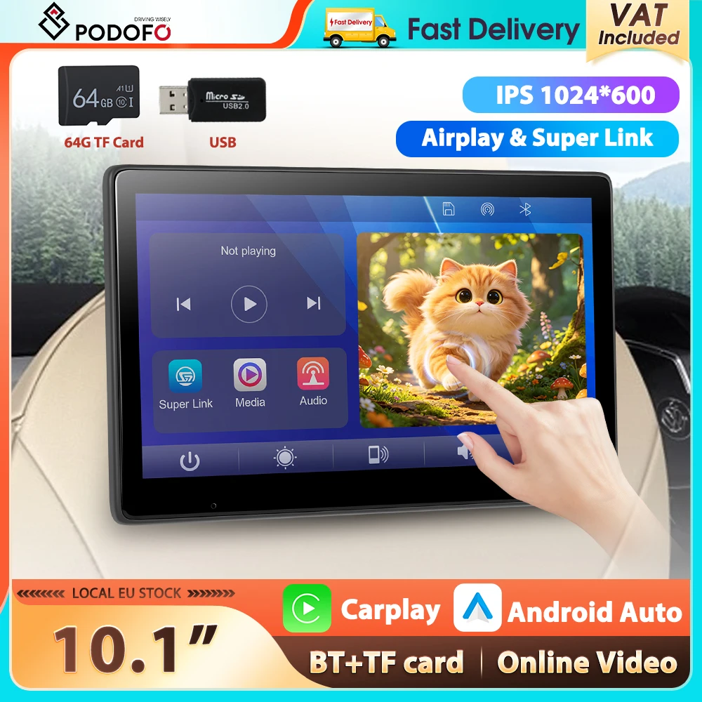 Podofo 9''/10'' Touchscreen Smart Screen Player 64G Wireless CarPlay Android Auto Auto-Kopfstützen-Videoplayer AUX Mirror Link Bluetooth