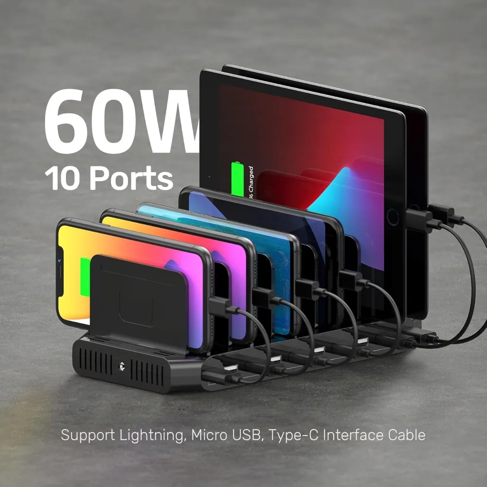 

USB-зарядная станция, 10 USB-портов, док-станция для быстрой зарядки и регулируемые разделители, совместимый органайзер для зарядного устройства с несколькими устройствами