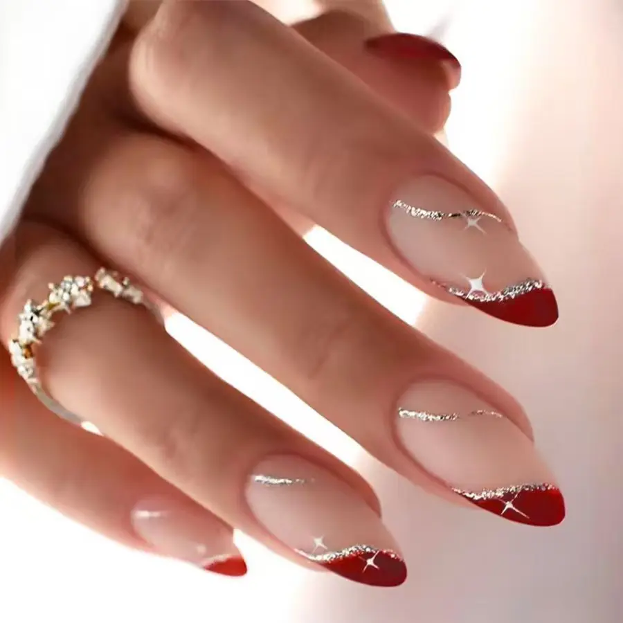 

Французские накладные ногти с эффектом миндаля, белым краем и блестками, с дизайном в виде красных сердец, на клеевой основе, готовые к нанесению, с желейным клеем, многоразовые маникюрные накладки