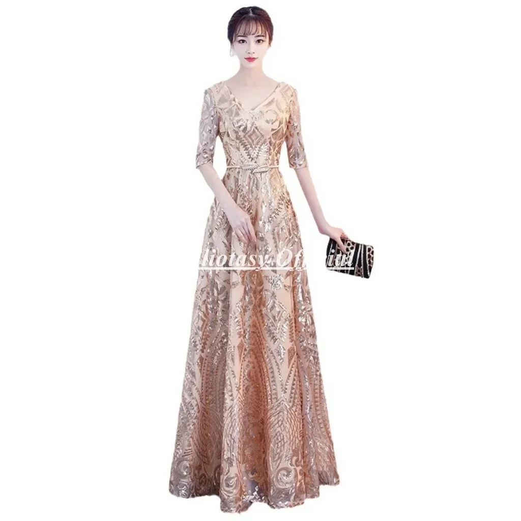 

Золотое вечернее платье по индивидуальному заказу, роскошное свадебное платье с v-образным вырезом, женское платье с рукавами