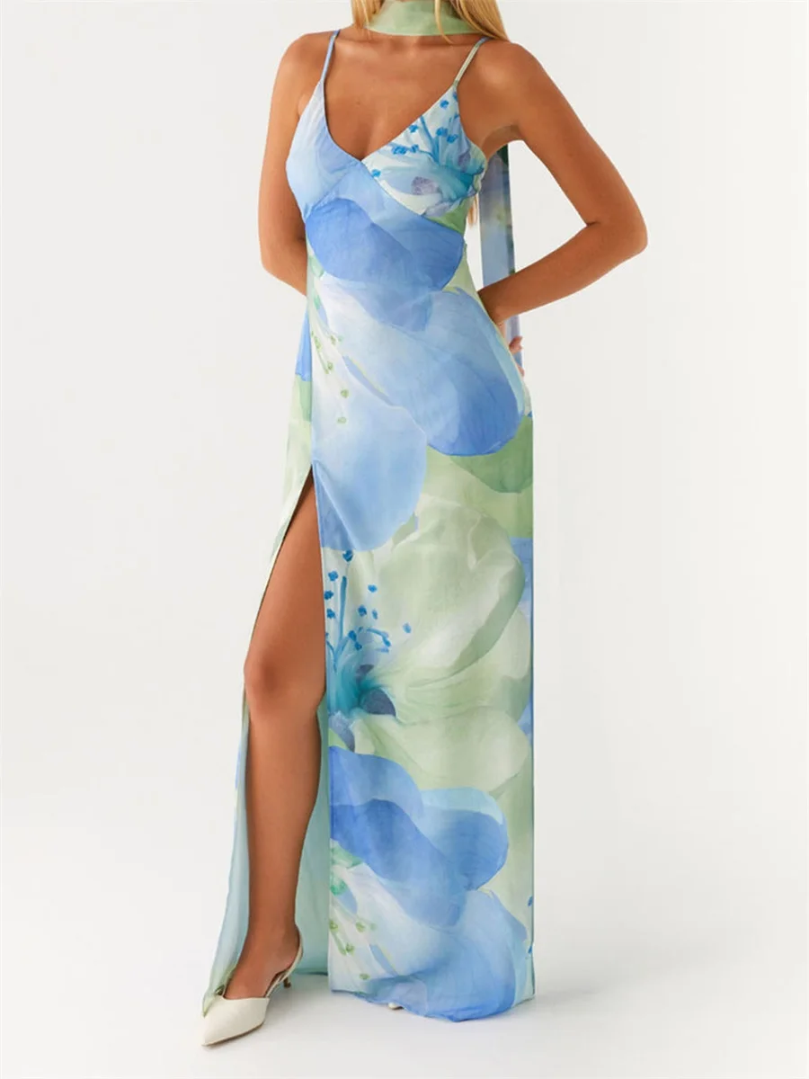 Nuevo vestido largo con cordones y espalda descubierta sin mangas con estampado Floral, vestido Sexy ajustado de verano, trajes elegantes para fiesta de vacaciones, venta al por mayor S-XL