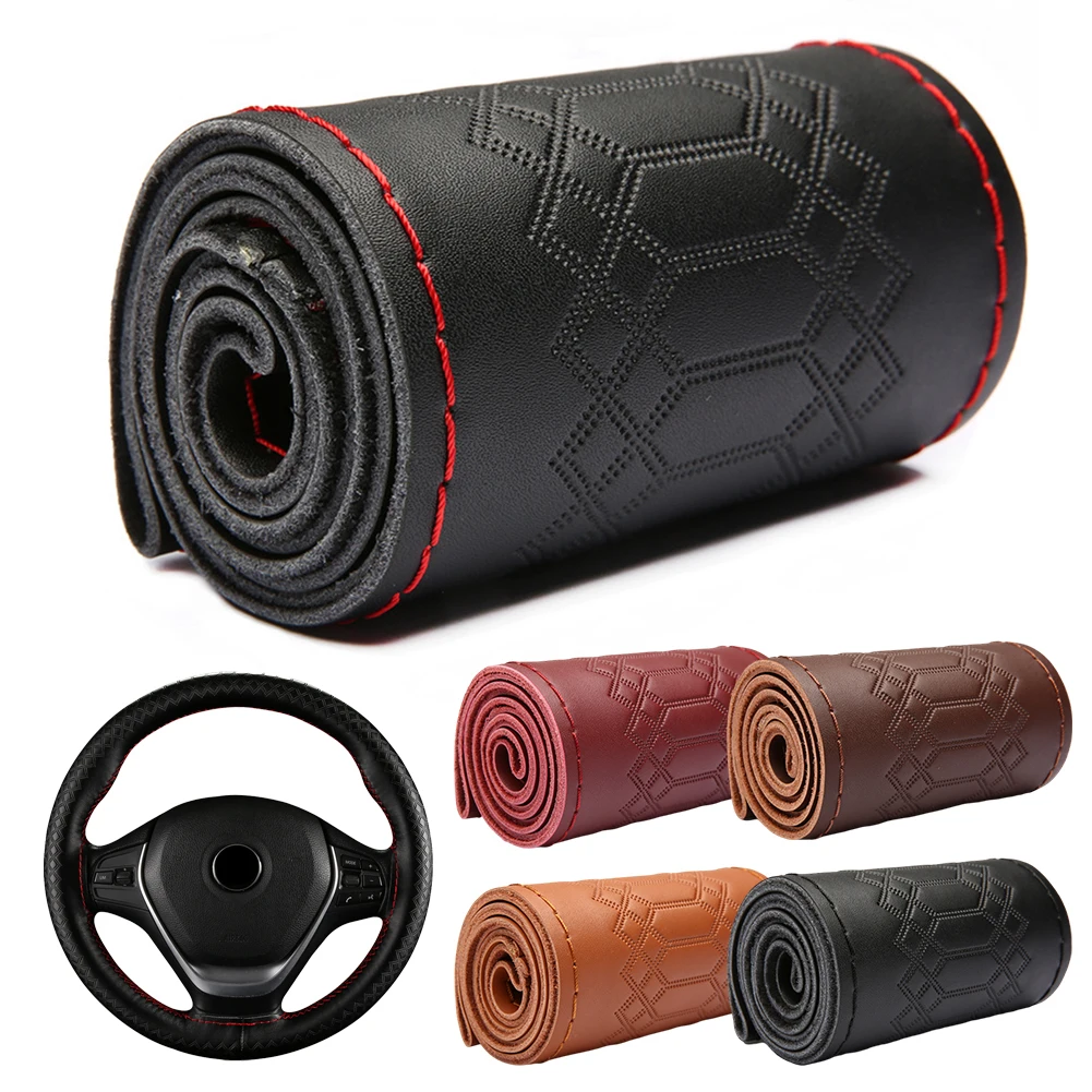 Car Steering Wheel Cover Genuine Leather DIY Hand Sewn Embossed Cowhide Steering Wheel Wrap Braid With Needle Thread 38cm