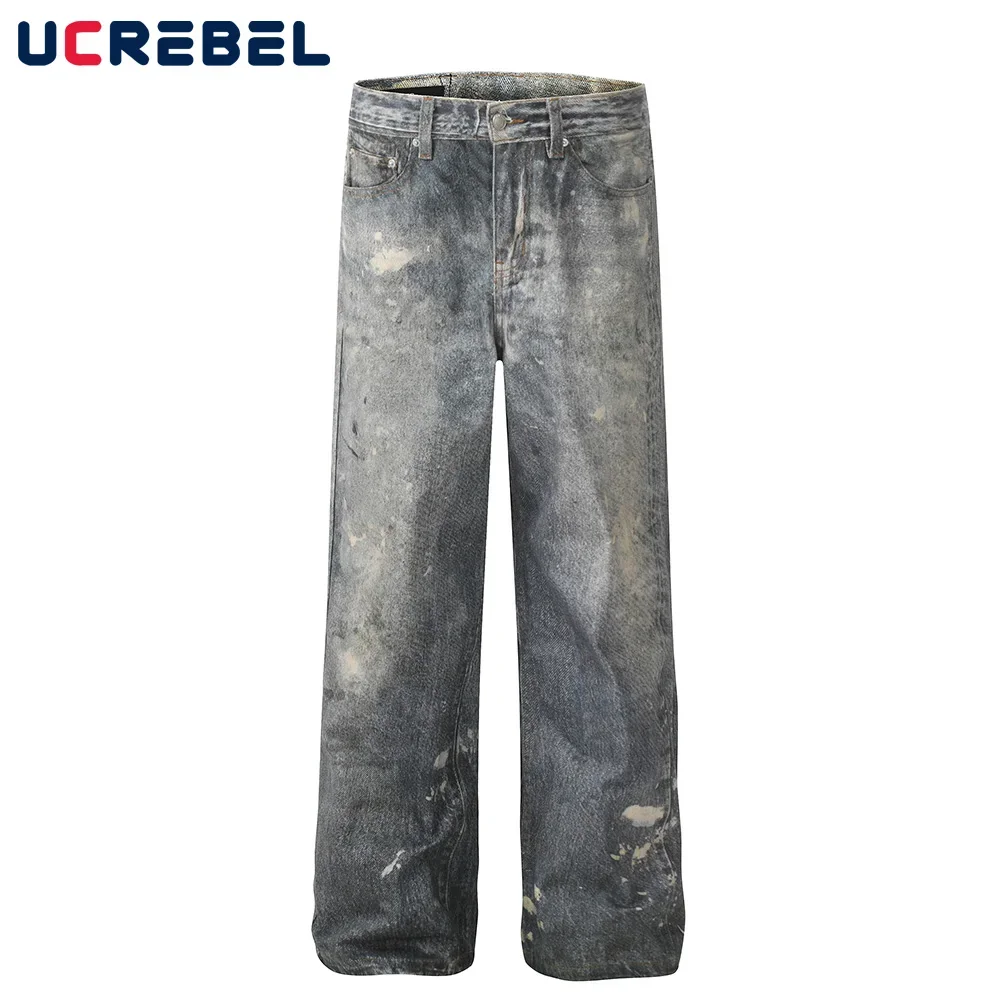 

Splash Ink Dirty Wash Jeans Mens High Street Pocket Straight Loose Wide Leg Denim Pants Men Trousers