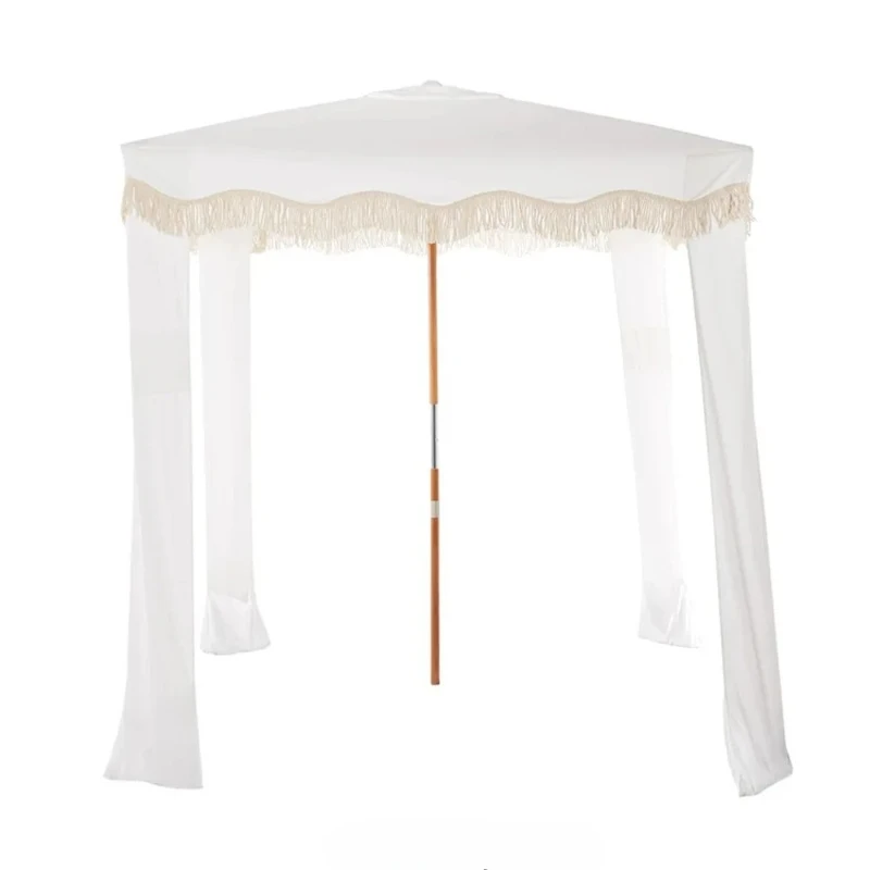 Outdoor seaside cotton tassel solid wood square umbrella camping tent umbrella sunshade four corners sunscreen