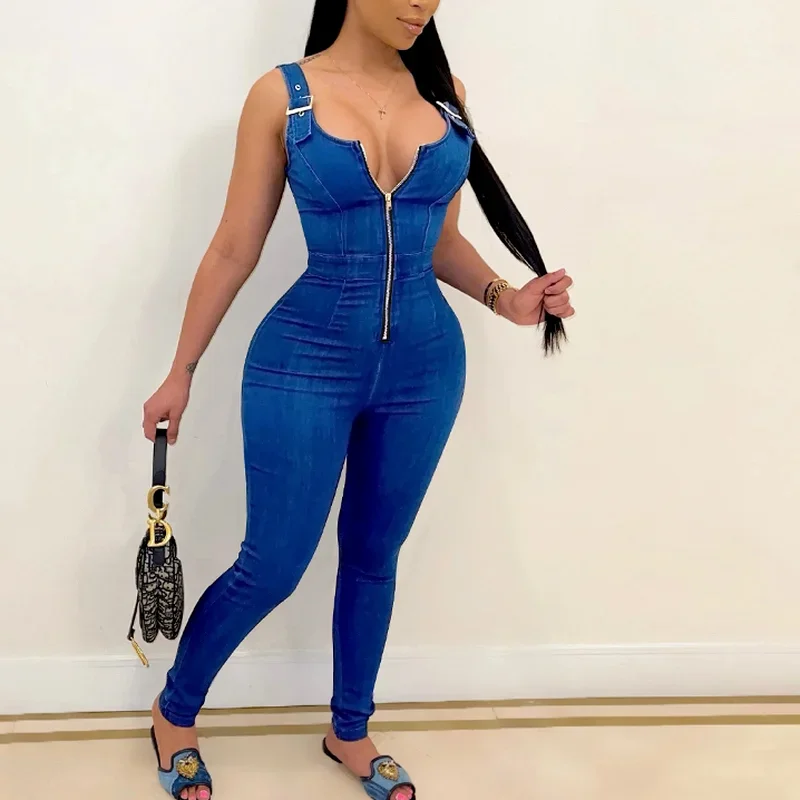 Summer New Fashion Sexy Chic Zippers Front Straps Dark Wash Denim Jumpsuit Bodycon Jeans Romper Long Pants Overalls Clubwears
