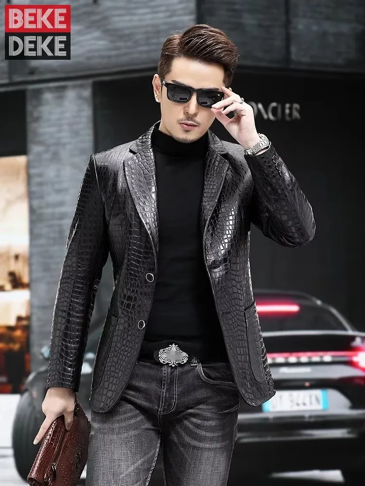 Luxury Business Men Alligator Pattern Genuine Leather Jacket Spring New Single Breasted Slim Fit Real Sheepskin Blazer Suit Coat