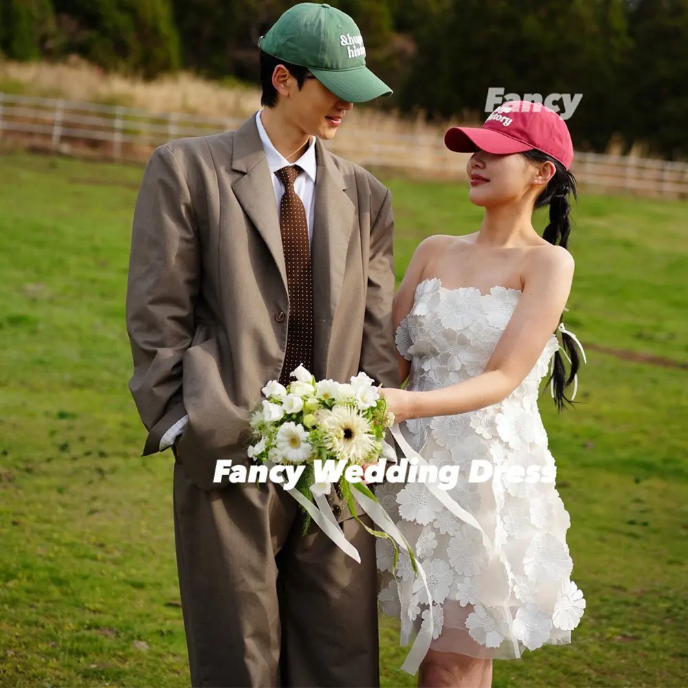 Fantasia princesa coreia sem alças renda vestido de casamento fotografia uma linha mini vestido de noiva curto volta espartilho personalizado