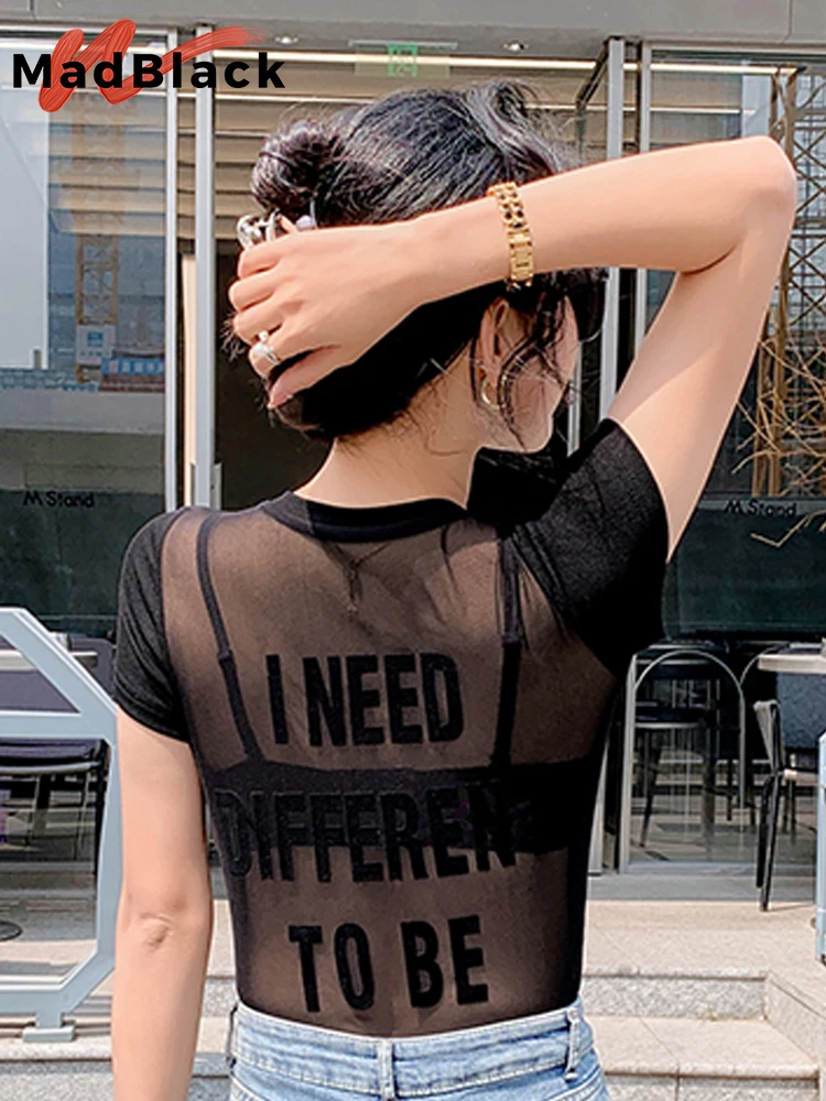 MadBlack Summer European Clothes O Necks T-Shirt Women Sexy Letter Backless Sheer Slim Mesh Tops Short Sleeves Elastic T35270C