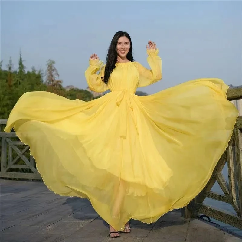 Strand Chiffon Super Langes Kleid Damen Neue Ankunft Frühling Herbst Chic Kleid Elegante Lange Ärmeln Lose Spitze-Up schlanke Kleider