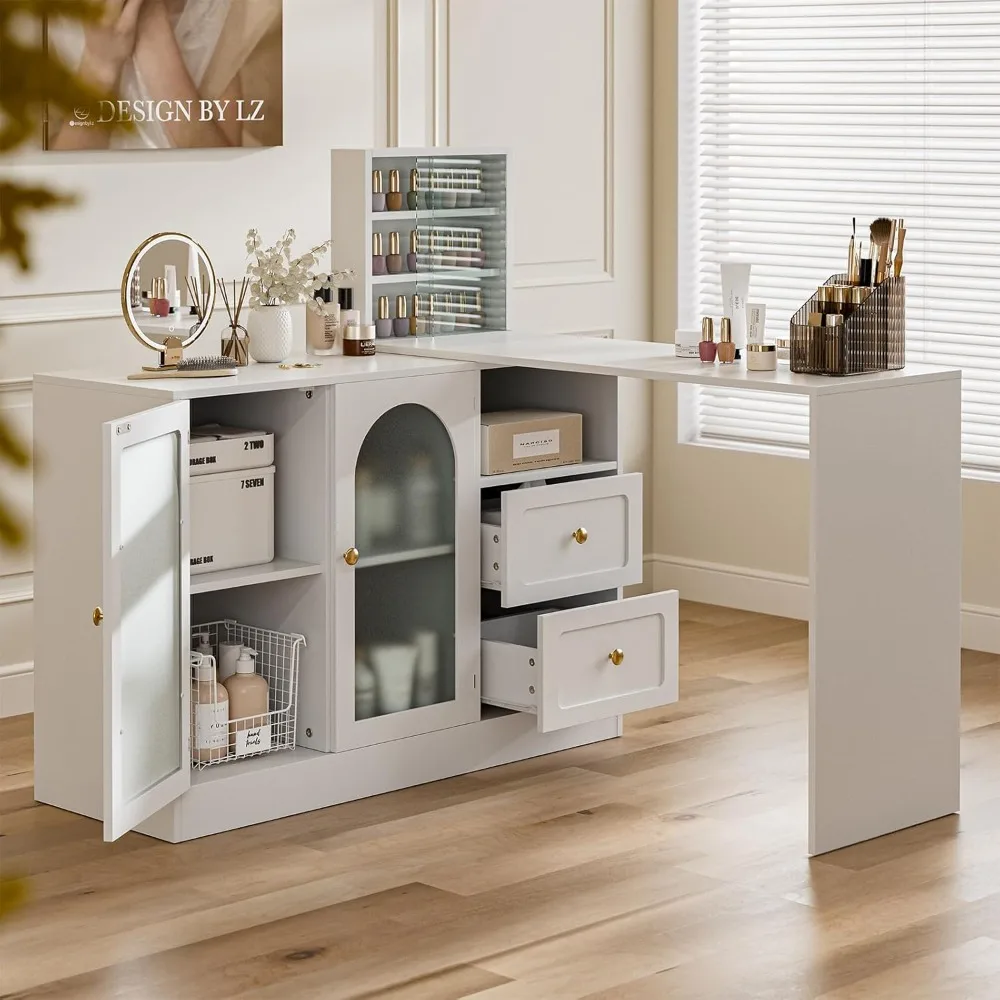 Moderner L-förmiger Nageltechniker-Schreibtisch mit Aufbewahrungsschrank und zwei Schubladen für Salonarbeitsstationen