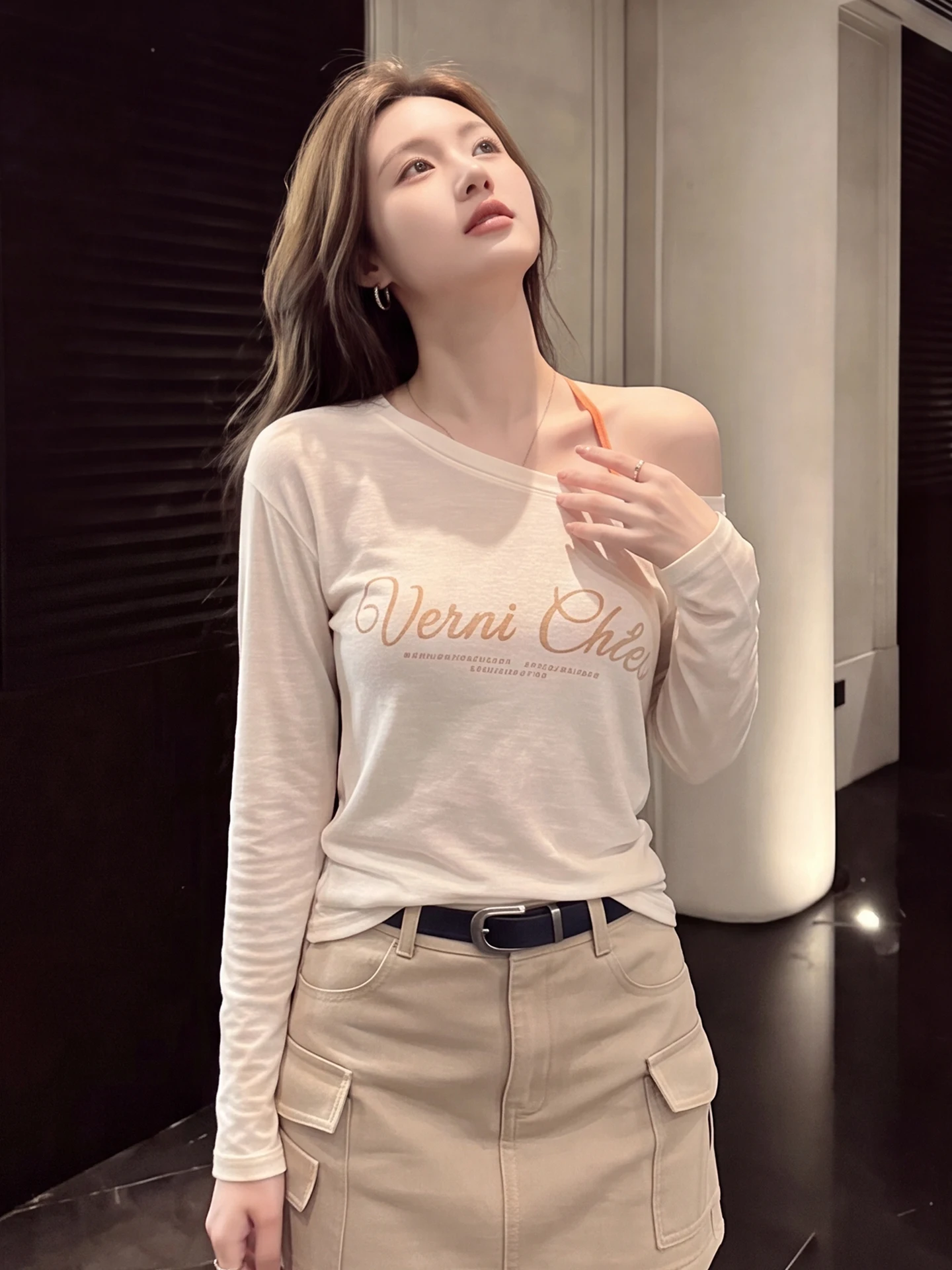 summer-beautiful-long-sleeve-sun-protection-t-shirt-cover-up-top-letter-print-asymmetrical-collar-shoulder-bared-women's-fashion