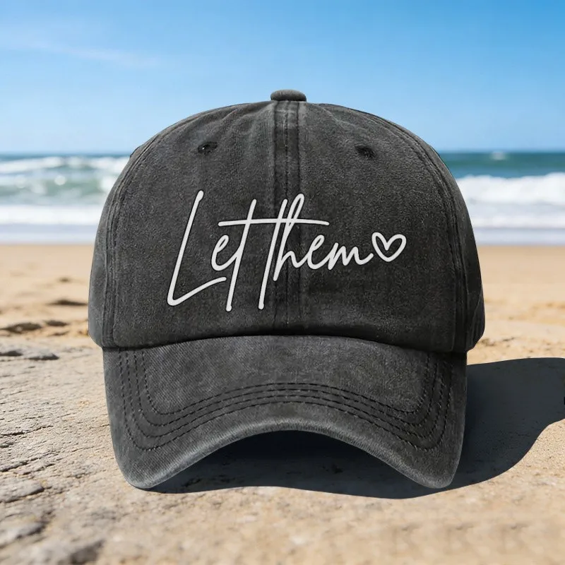 Let Them Heart Print Washed Cotton Baseball Cap Unisex Adjustable Sun Hat for Beach Outdoor